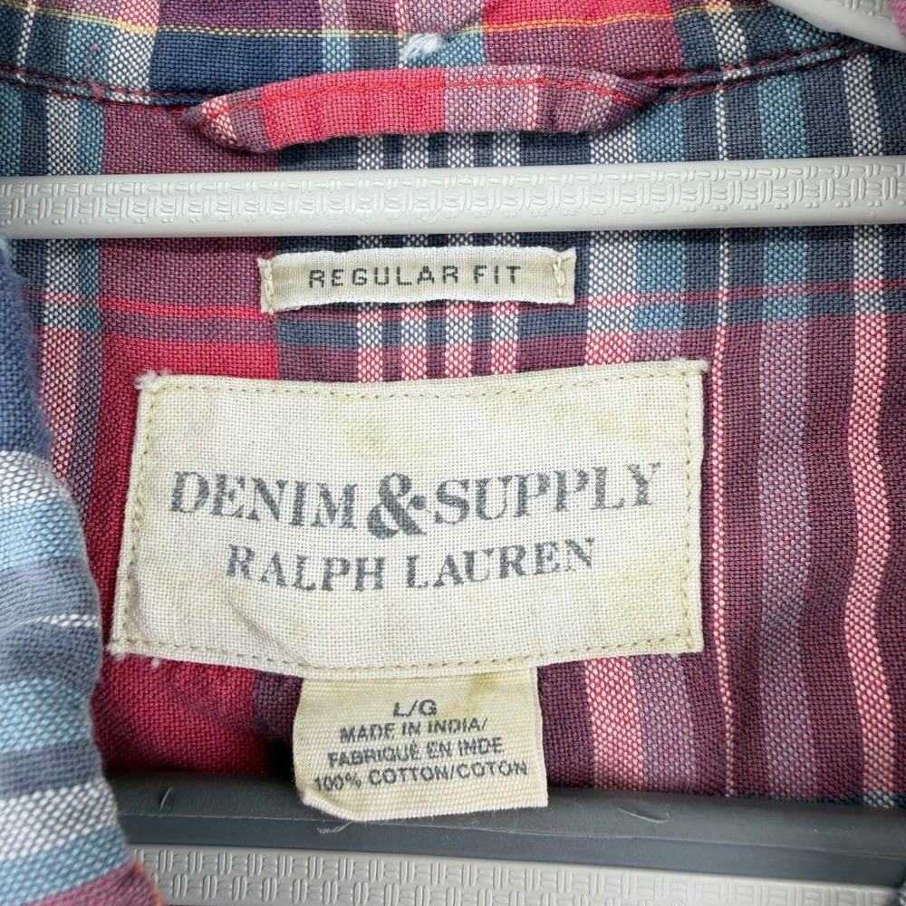 Denim & Supply Ralph Lauren Plaid Button Down Mens Large Short Sleeve Red Blue - Picture 5 of 6